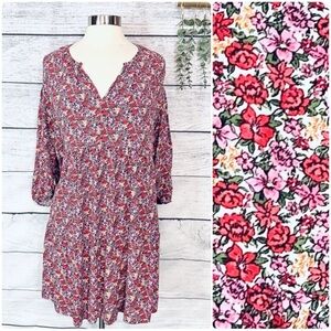 Primark Cares Floral Print A Line Tunic Dress Red Pink Balloon Sleeve Size 10 M